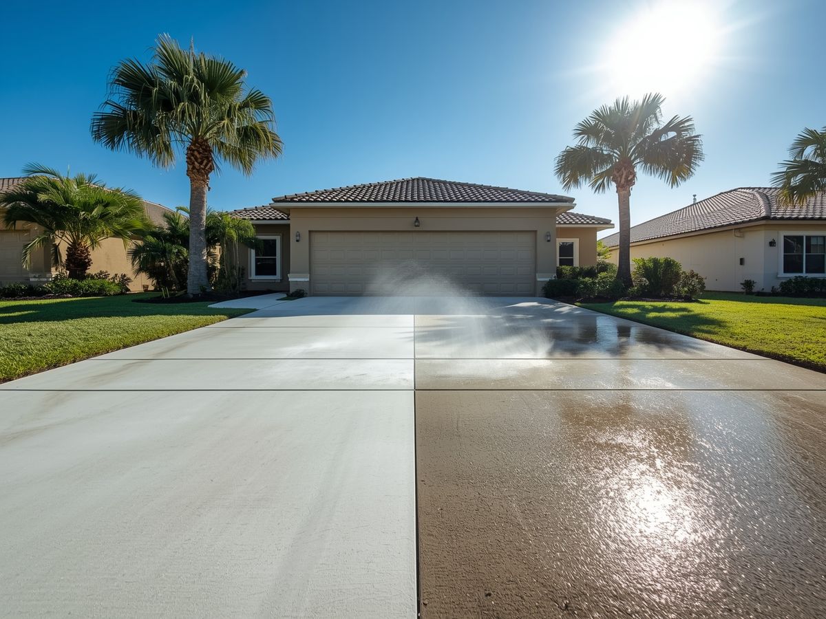 A Riverview driveway mid-clean, with the washed half noticeably brighter than the untouched half