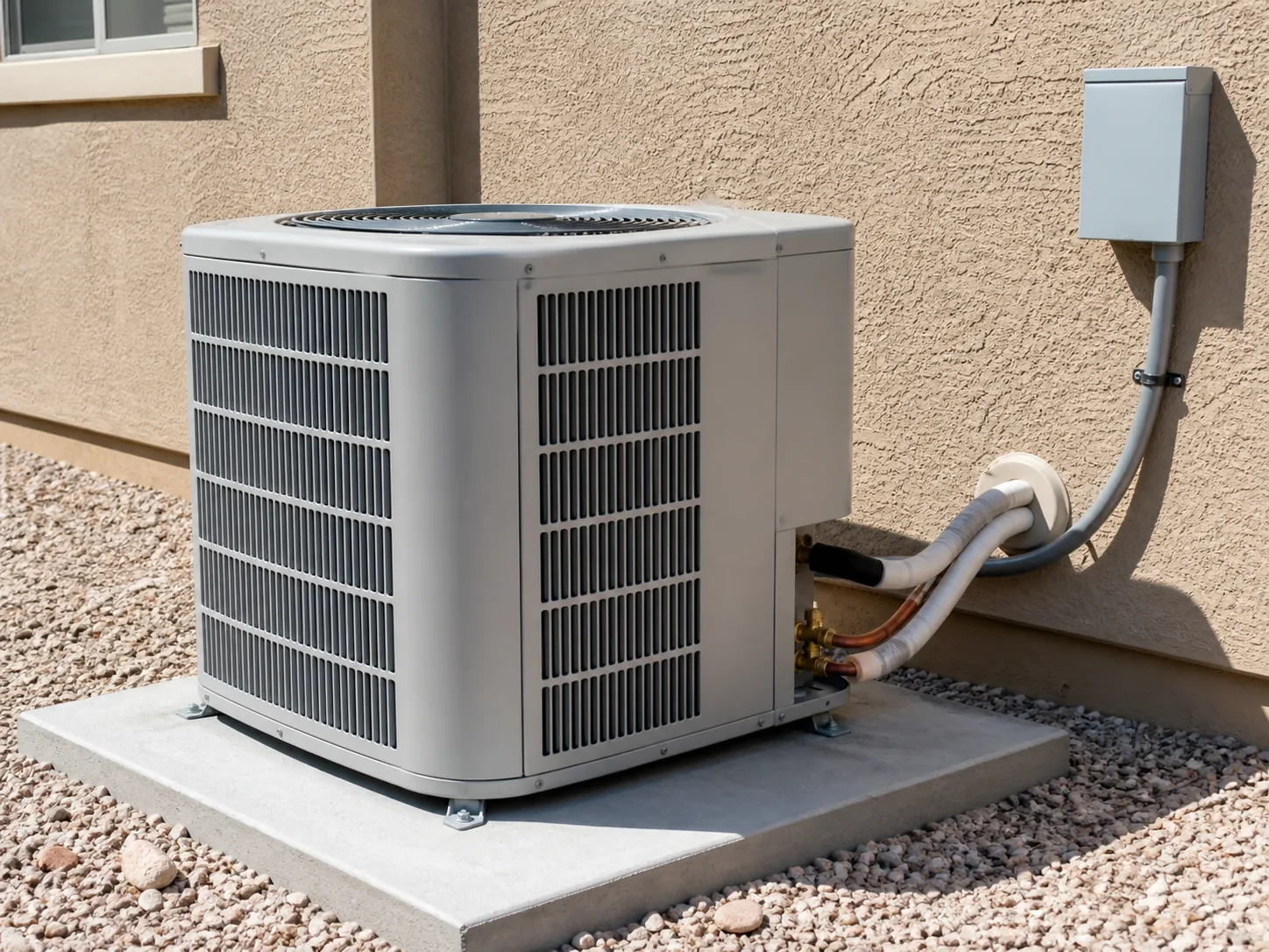 A newly installed outdoor condenser unit on a level concrete pad with a neatly insulated copper line-set.