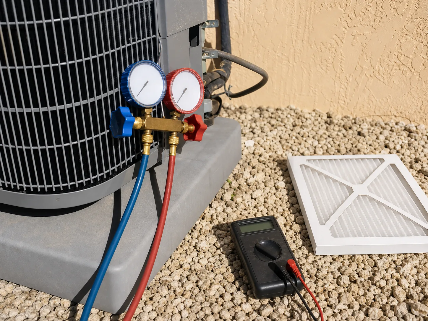 A refrigerant gauge manifold connected to a condenser's service ports, with a multimeter and a fresh filter on the gravel.